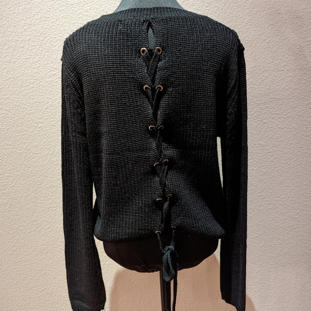 Lace up back black knit sweater Large
